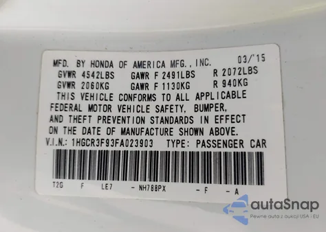 2015 Honda Accord Touring из США, поврежденный, VIN 1HGCR3F93FA023903